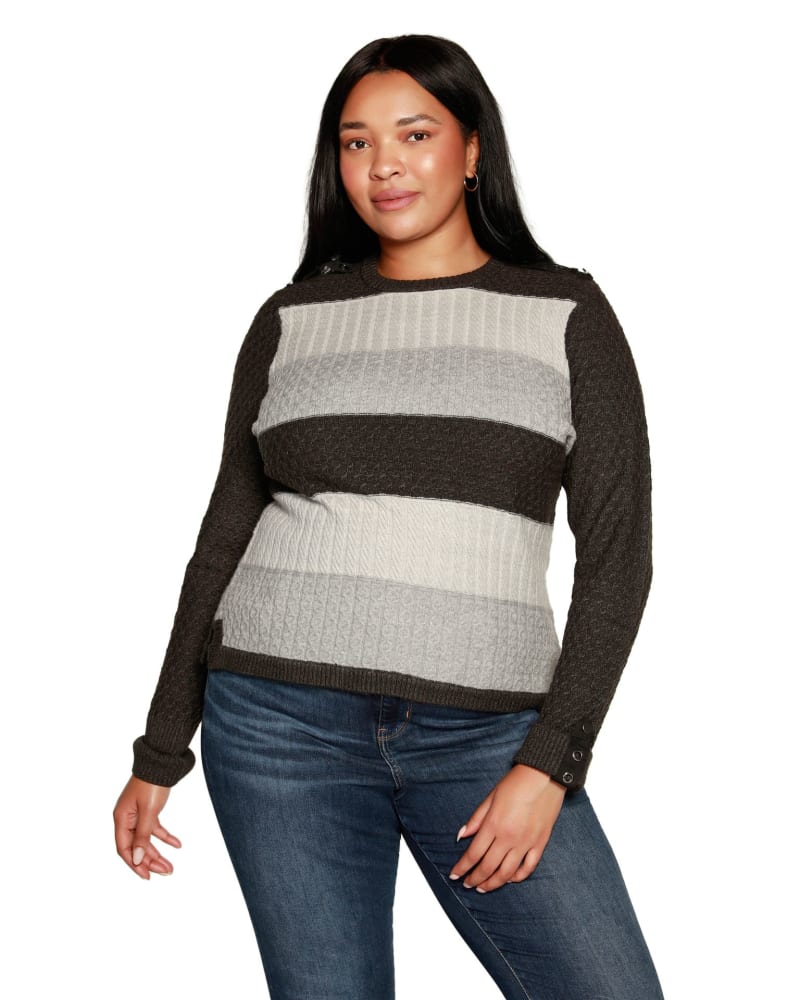 Front of a model wearing a size 3X Plus Size Wide Stripe Cable Sweater in Grey Combo by Belldini. | dia_product_style_image_id:319473